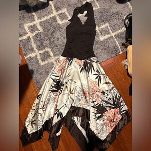 Floral Halter Neck Dress silky handkerchief hem brown medium